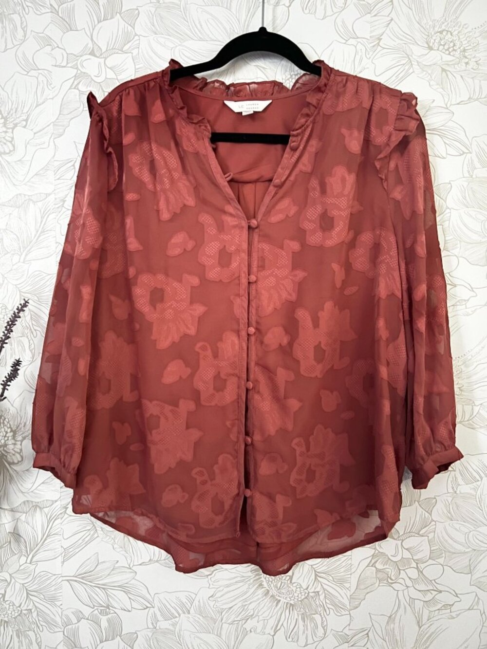 Lauren Conrad Sheer Button-Up Floral Blouse With Ruffle Details Dusty Rose XL